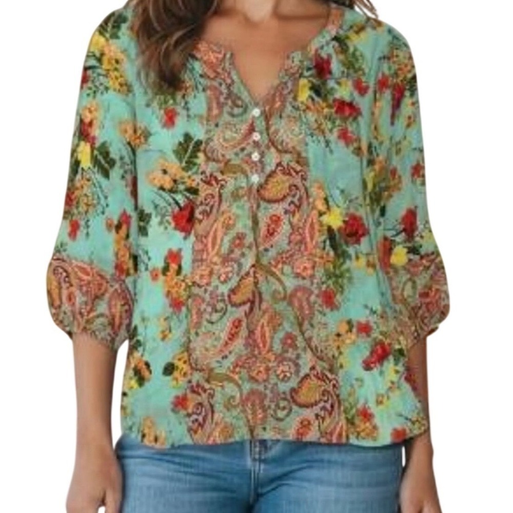 Fig and Flower Womens Medium Teal Paisley Floral Boho Chiffon 3/4 Sleeve Blouse